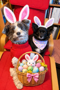 2 little dogs with bunny ears and an easter basket